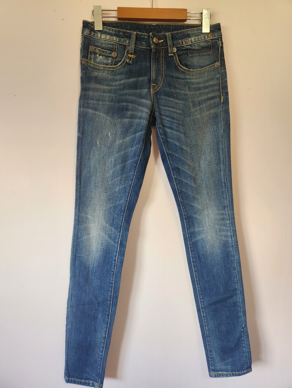 R13 Made In Italy Blue Wash Distressed Stretch Denim Skinny Jeans 26 Authentic